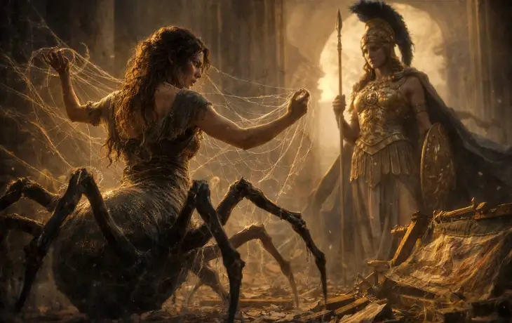 mitolojide Arachne’nin Athena tarafından cezalandırılıp örümceğe dönüşmesi sahnesi